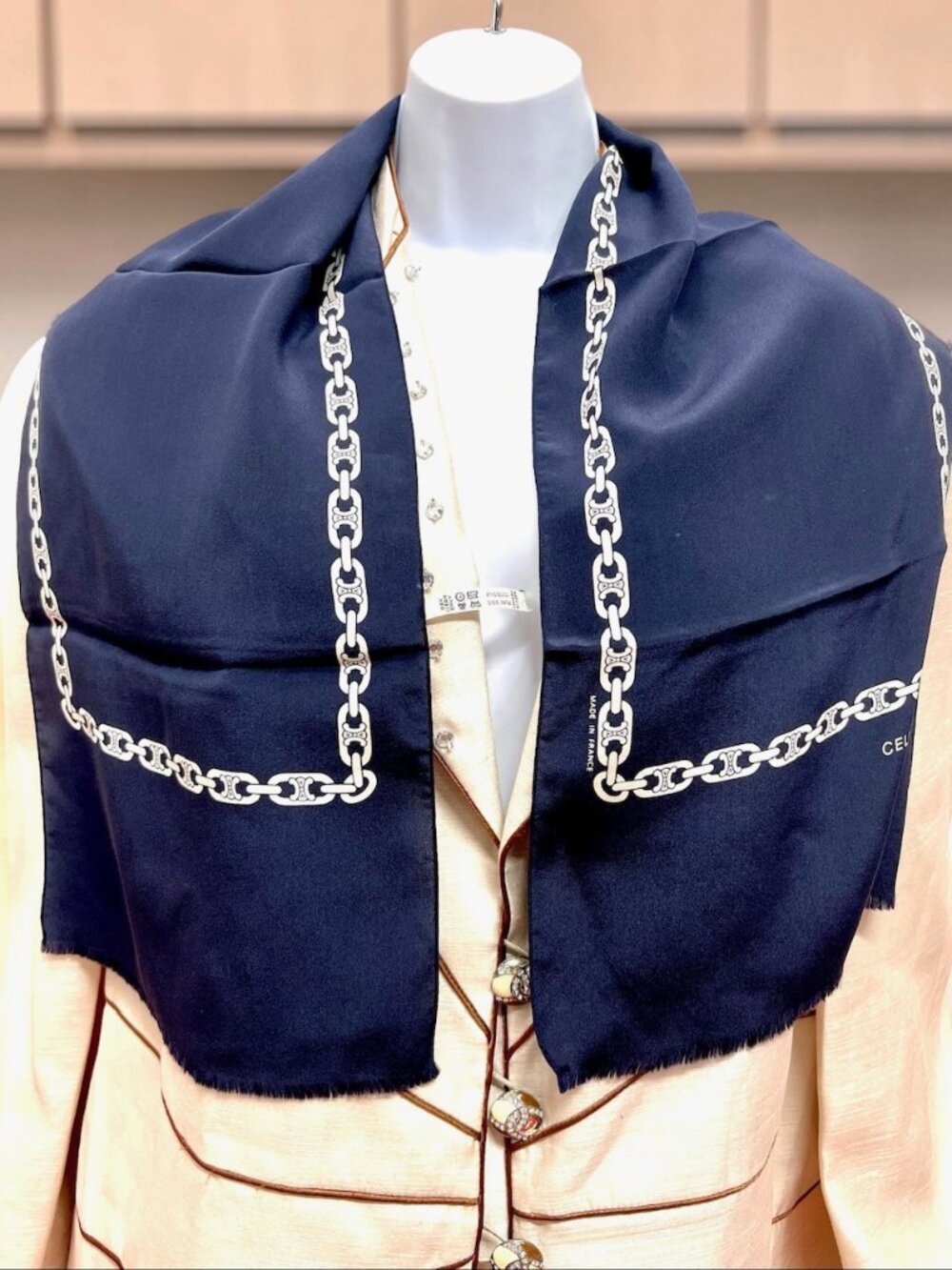Unused -French Made  Celine silk scarf   46" x11" Black Blue logo Fringed ( 21)